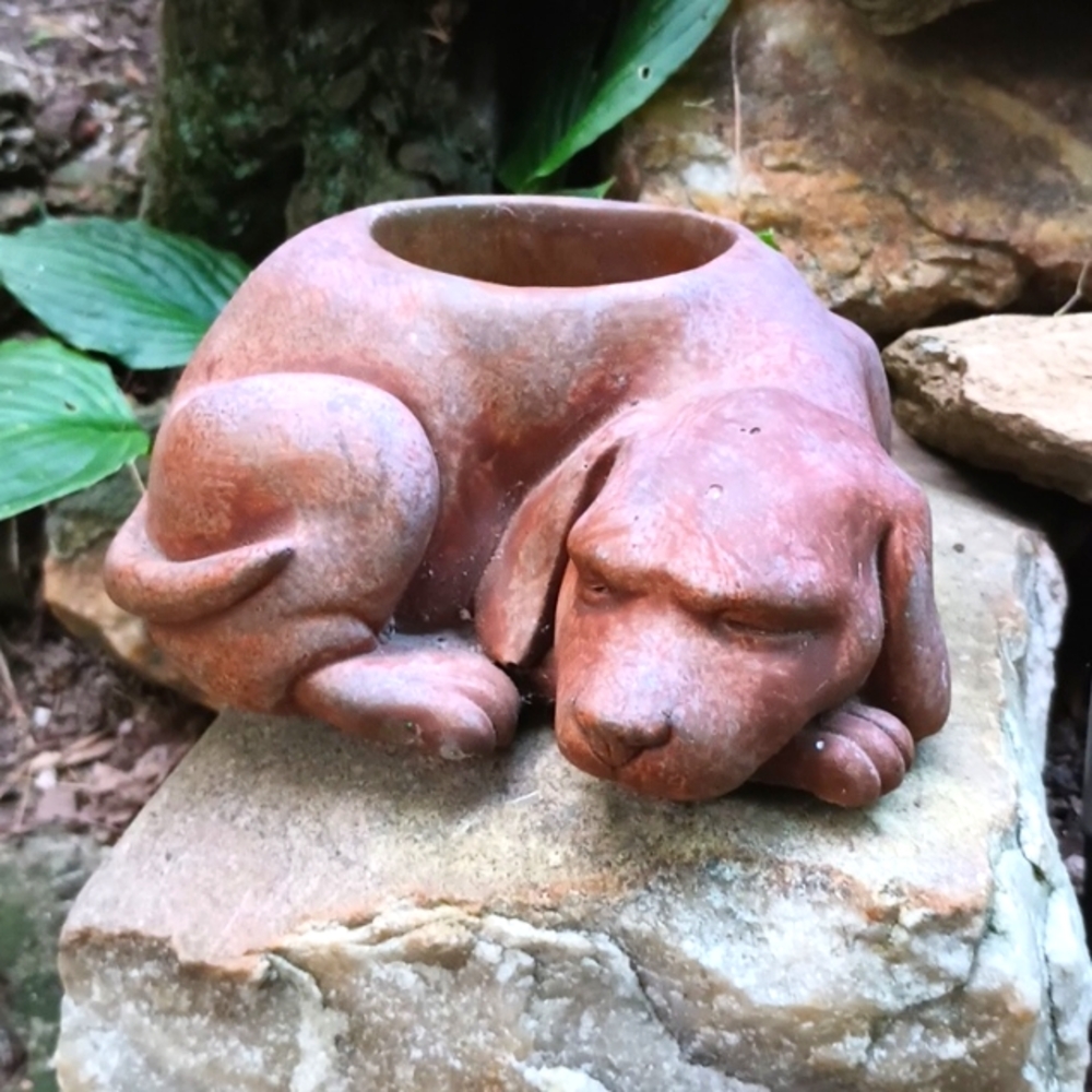 Dog Sleeping Heavy Planter Vintage w Drainage